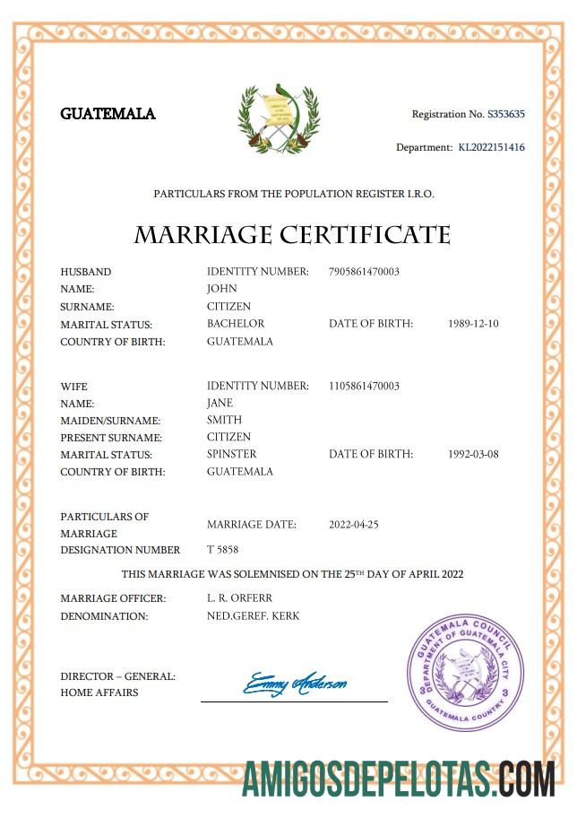 Realista modelo Word e PDF de certidão de casamento da Guatemala